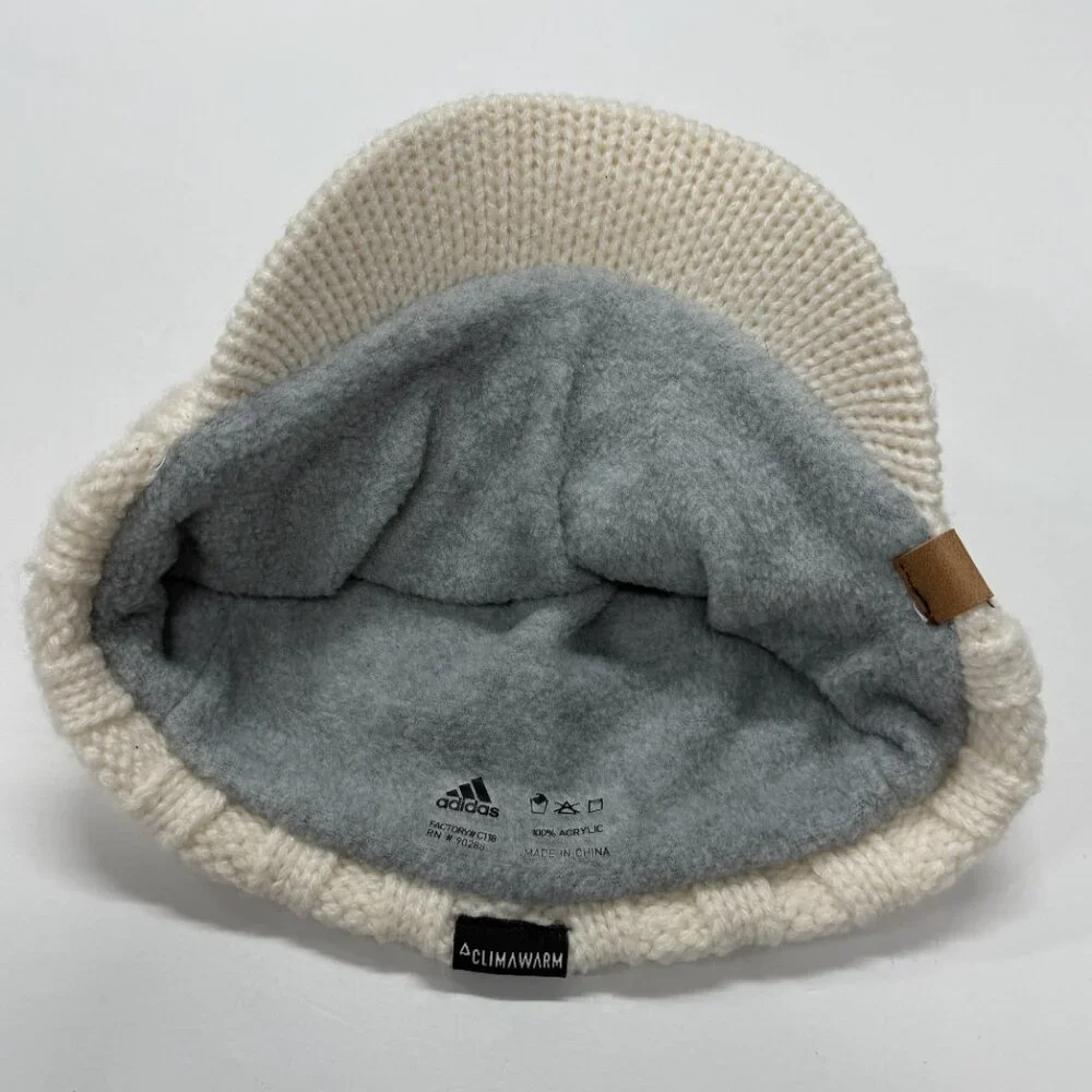 Adidas Climawarm Cable Knit Beanie Hat‎ Brim White Lined Winter Acrylic Womens